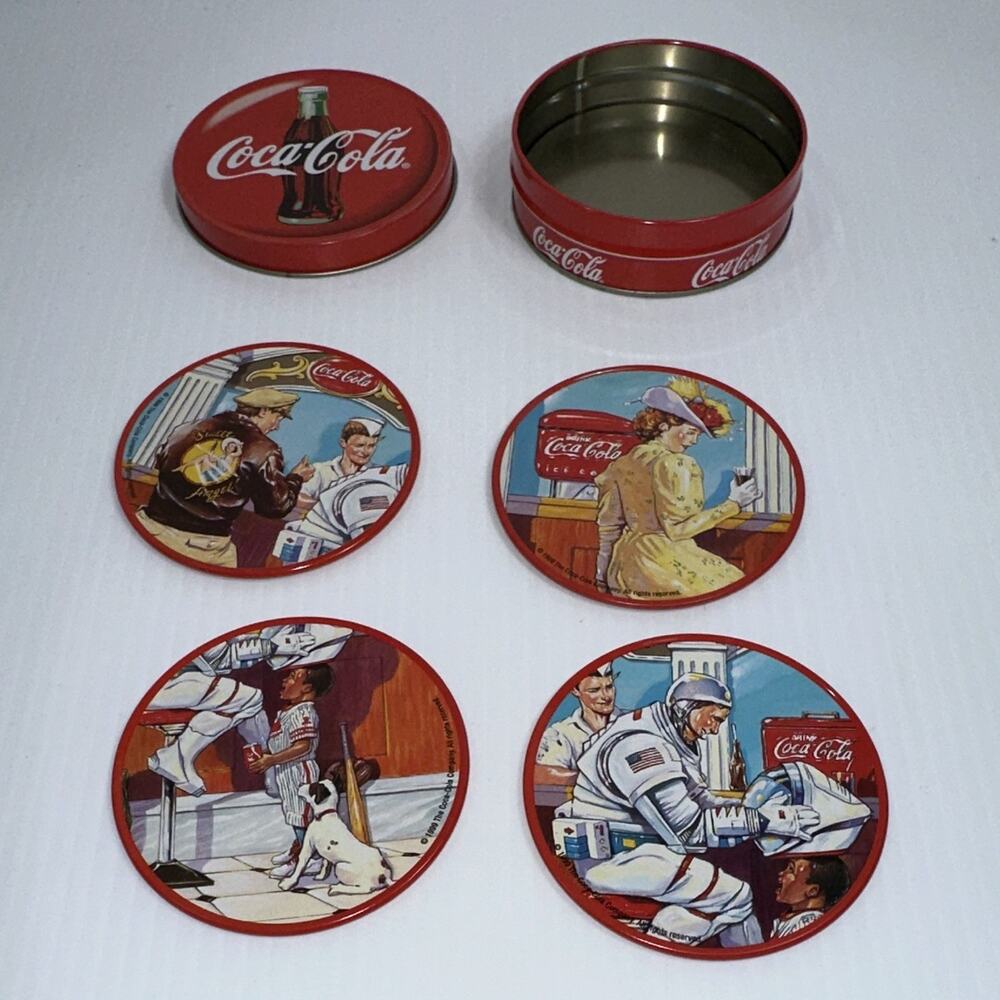 Coca-Cola Soda Tin Coaster Set of 4 Cork Back w/ Red Tin Case 1998